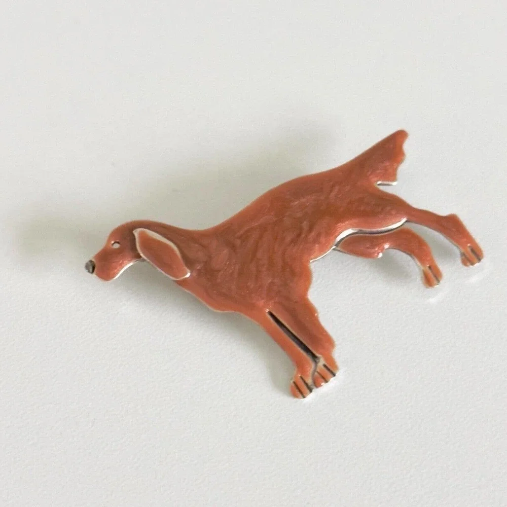 Anne & Jane Vintage 925 Sterling Silver Enameled Dog Irish Setter Brooch Pin